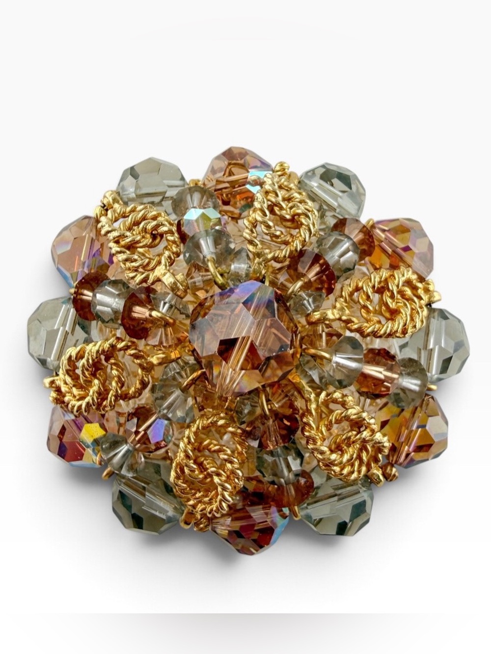 Vintage Vendome Unsigned Smoky Topaz Crystal Rope Beaded Round Brooch Pin